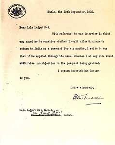 Letter-to-Lala-Lajpat-Rai-by-British-official-about-issueing-of-passport-to-Ranaji-for-India